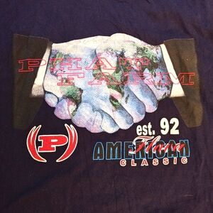 Vintage Phat Farm Navy Russell Simmons The Globe Handshake Graphic T-shirt.